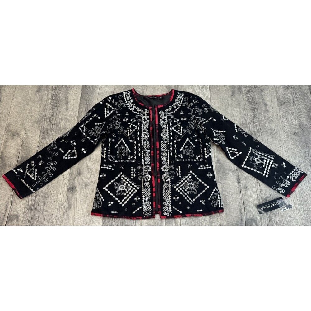 Notations Jacket Womens Small Black Metallic Silver Embroidered Open Front NEW